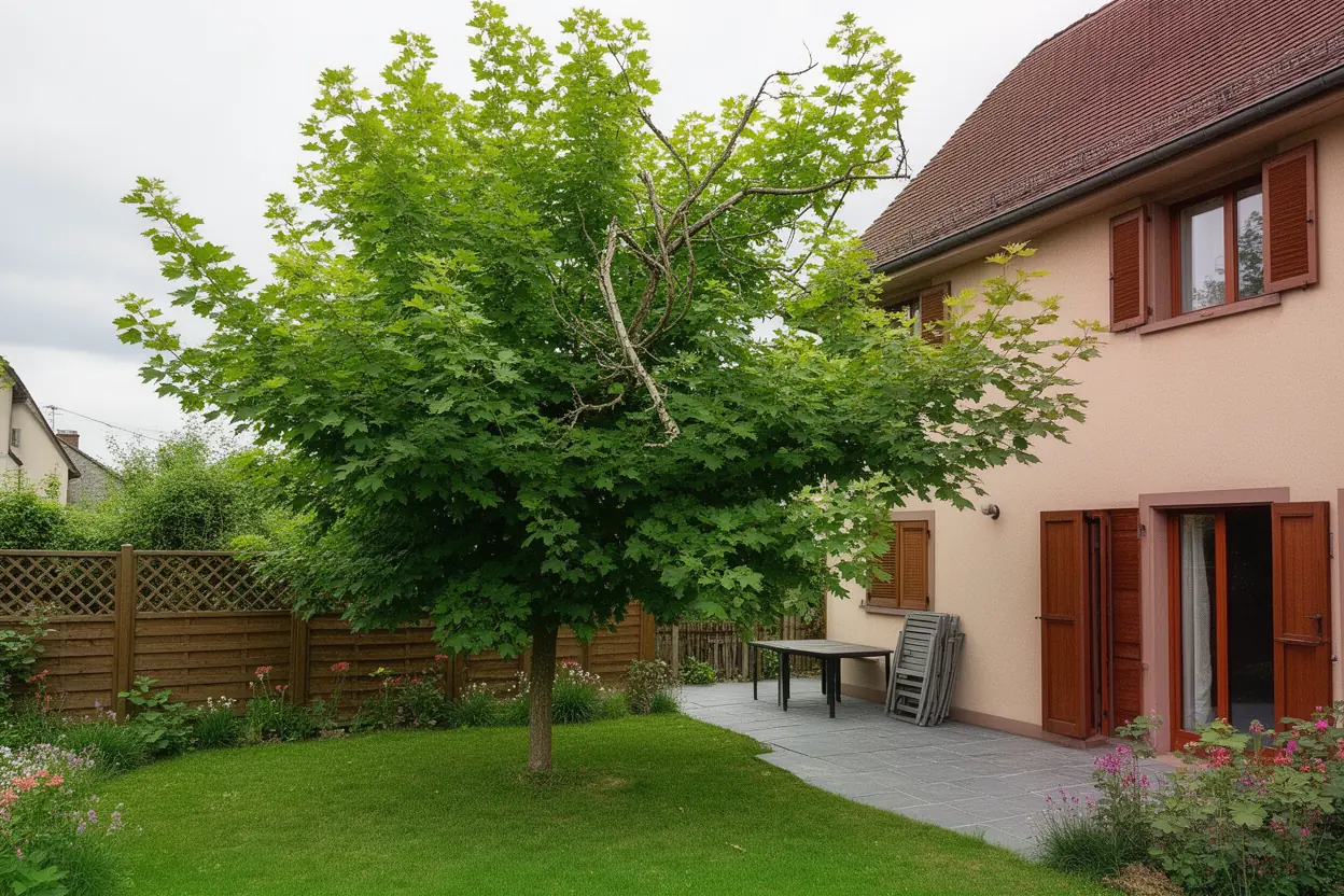 Érable dense au-dessus d’un jardin clos à Turckheim avant élagage