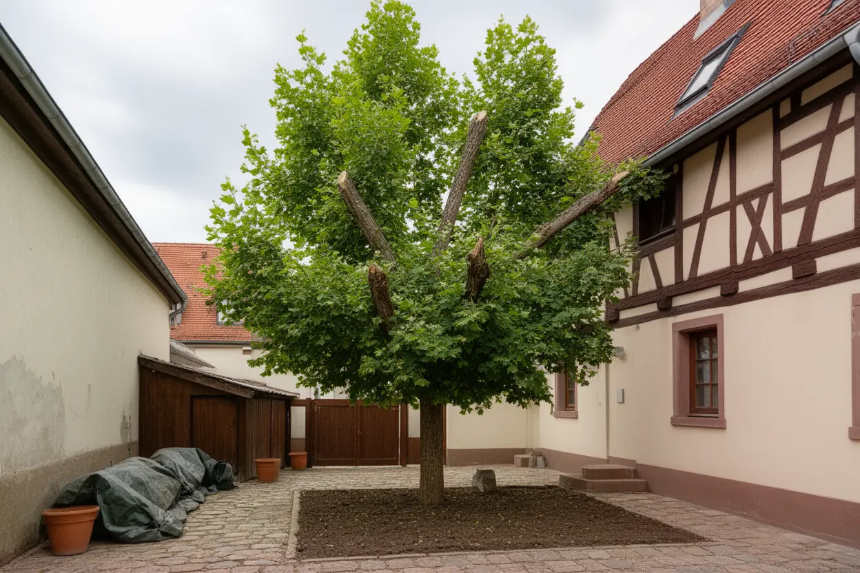 Tilleul dense surplombant une cour étroite à Turckheim