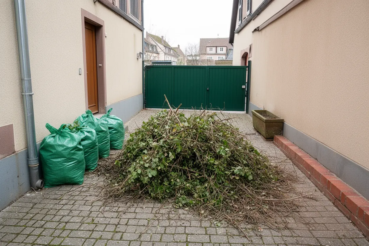 Branches entassées dans une cour à Colmar