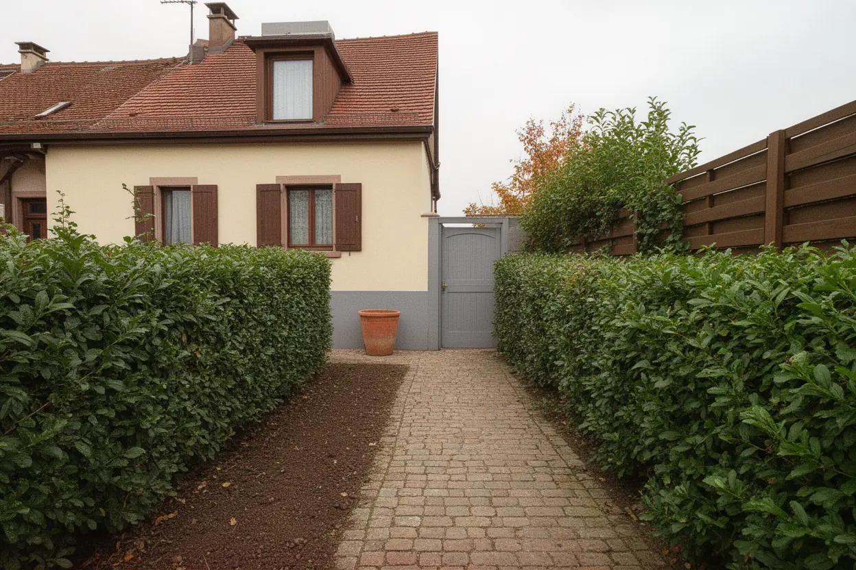 Haie de charme trop large avant taille à Eguisheim