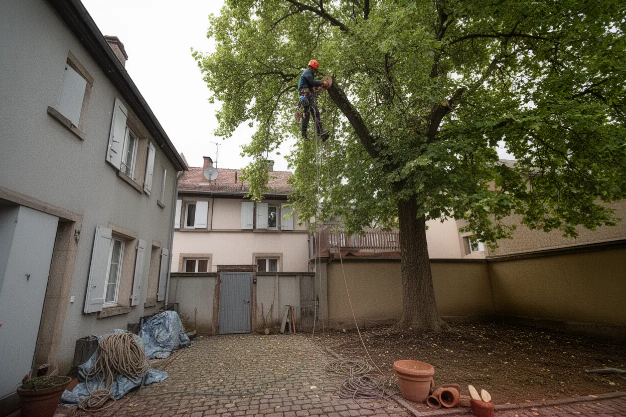 Élagueur grimpeur progressant sur cordes dans un arbre à Houssen